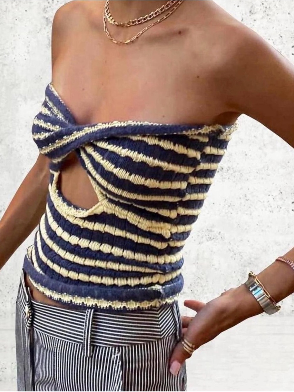 Striped Navy and Cream Knit Strapless Twist Top